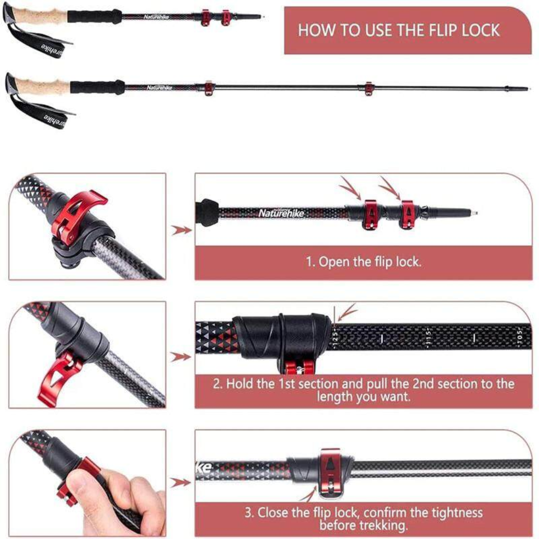Naturehike Far Wind Three Section Telescopic Carbon Trekking Pole - Red