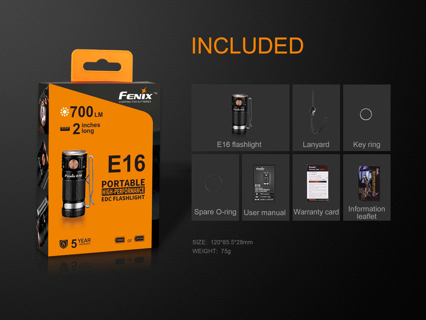 Fenix E16 XP-L Hi Neutral White LED Flashlight BLACK 700 Lumen