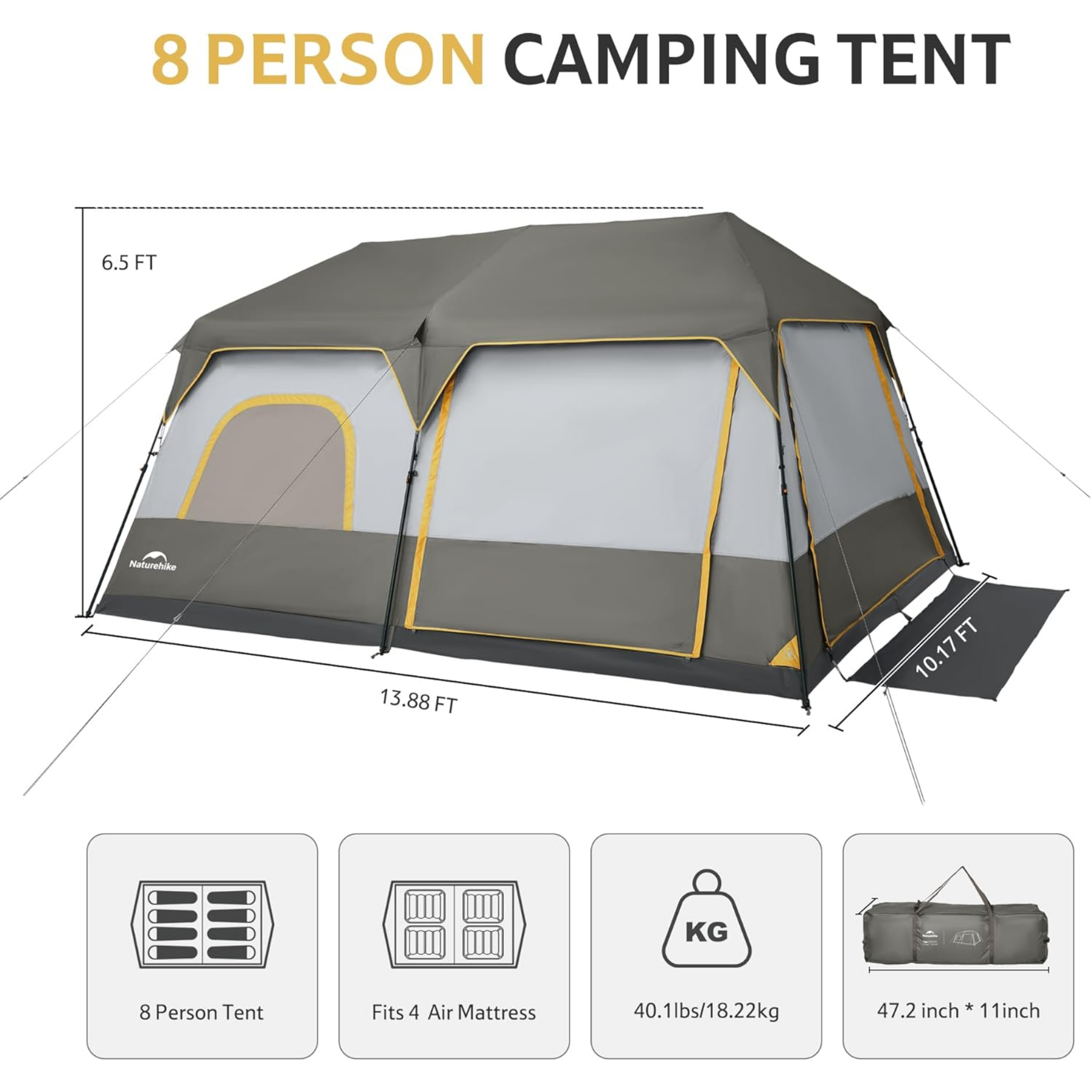 Naturehike Cape 13.1 Square Quick Opening Tent 8 Person - Light Brownish Gray