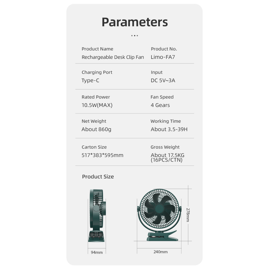 Lemoistar FA7 10000mAh Rechargeable Clip Fan