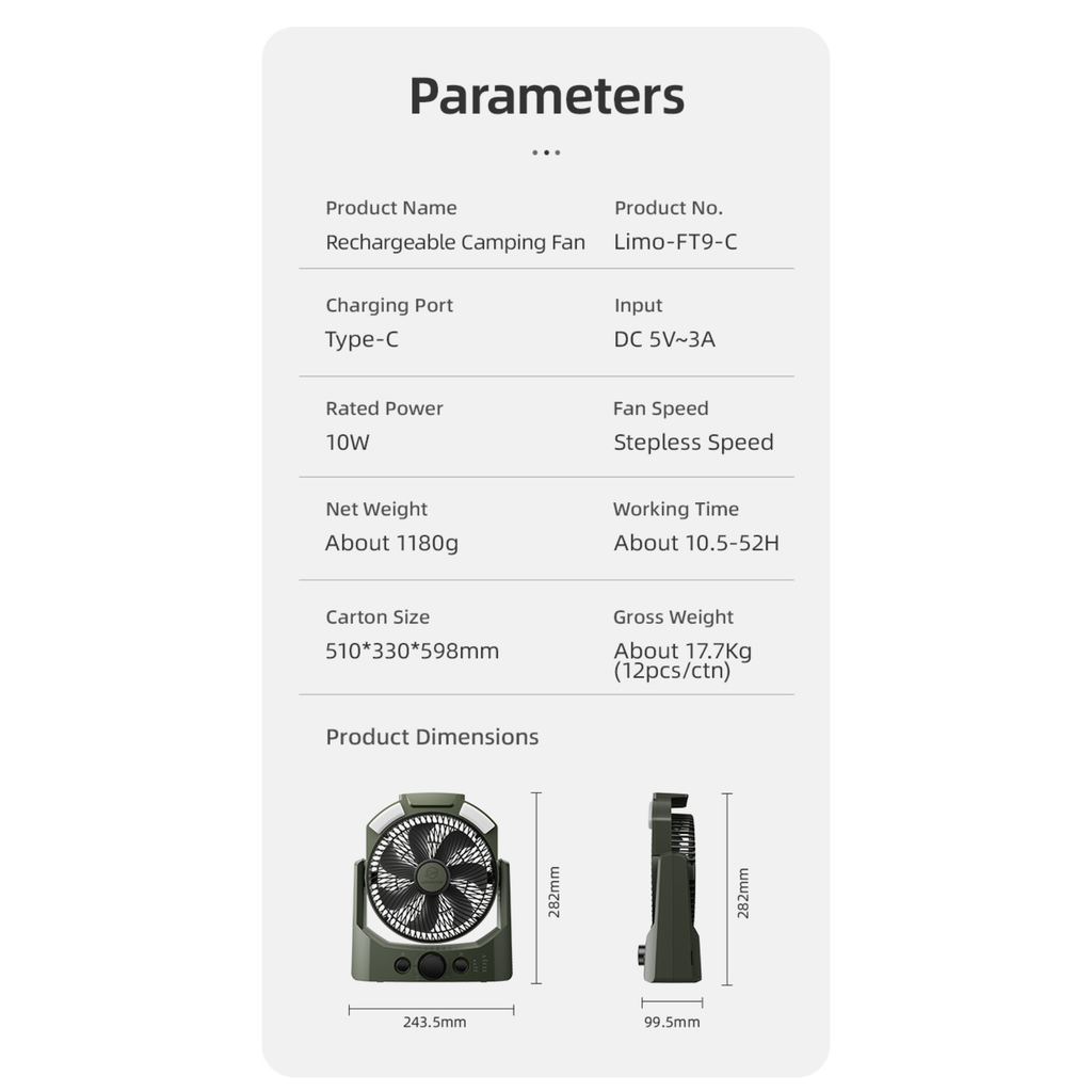 Lemoistar FT9C 20000mAh Rechargeable Camping Fan