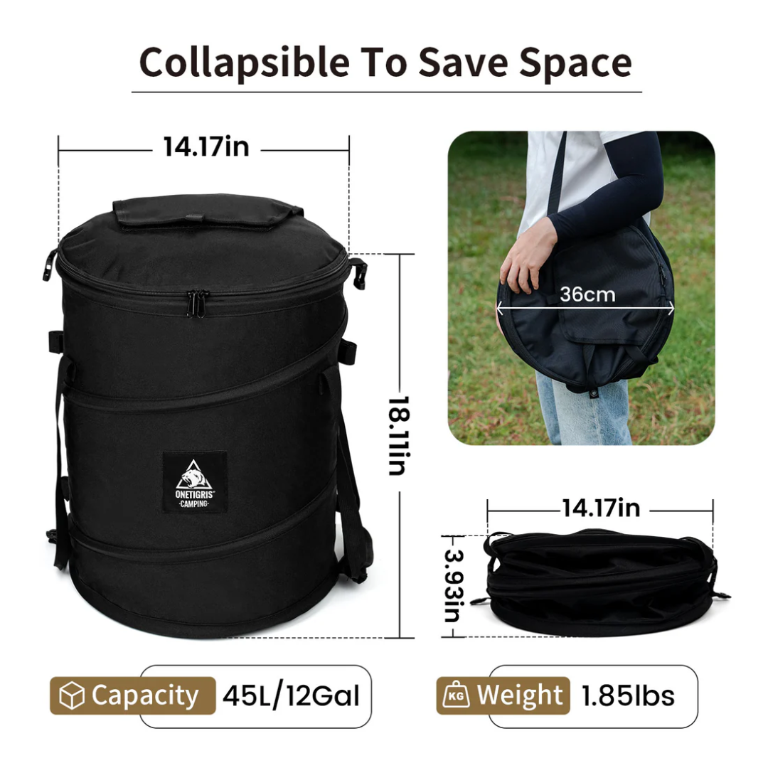 OneTigris Camping 45L Folding Trash Can - Black