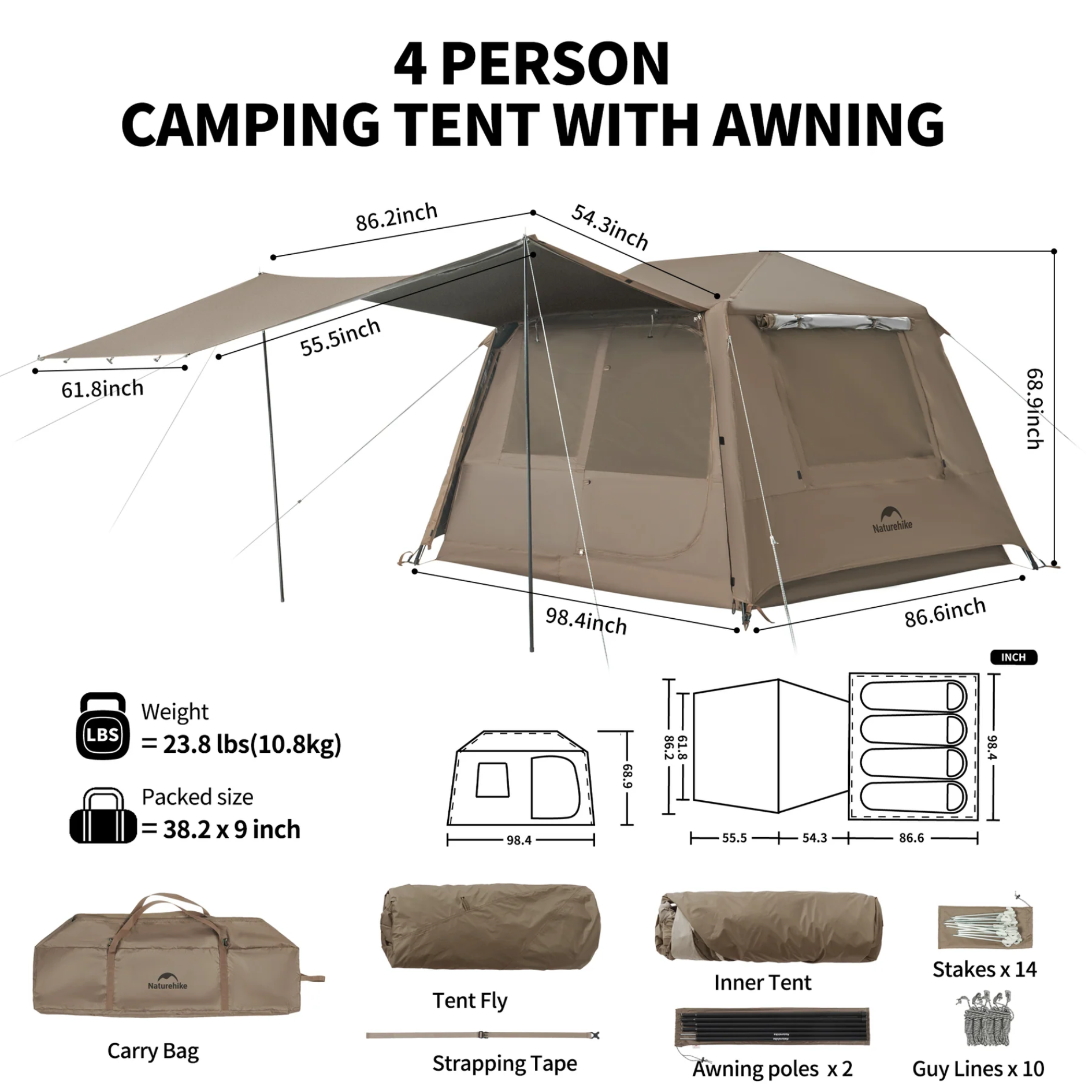 Naturehike Village 5.0 2 Generation Quick Open Tent - Brown