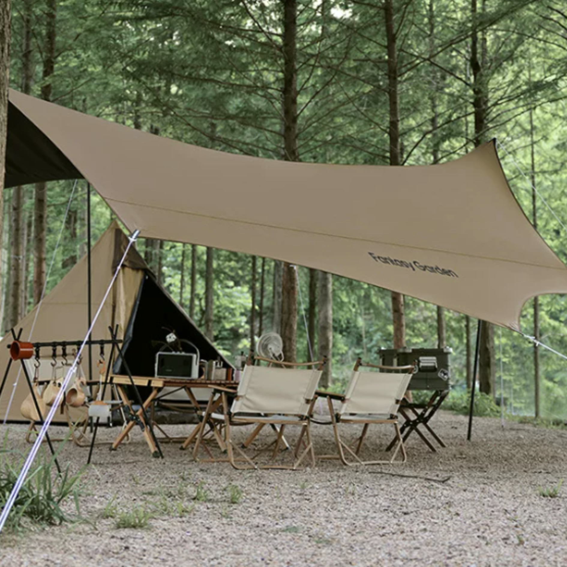 Hexagon Black PU Coated Oxford Tarp - Khaki