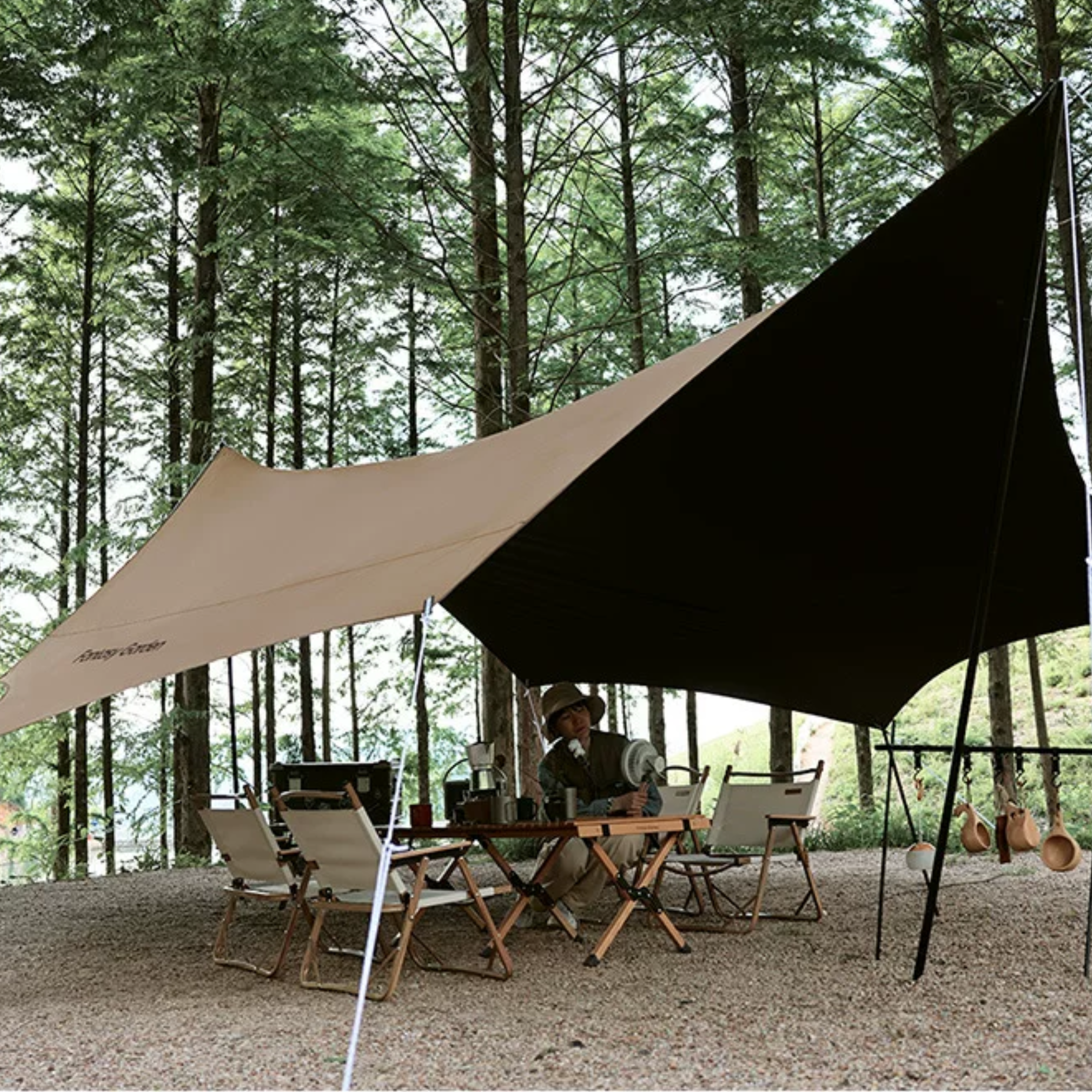 Hexagon Black PU Coated Oxford Tarp - Khaki