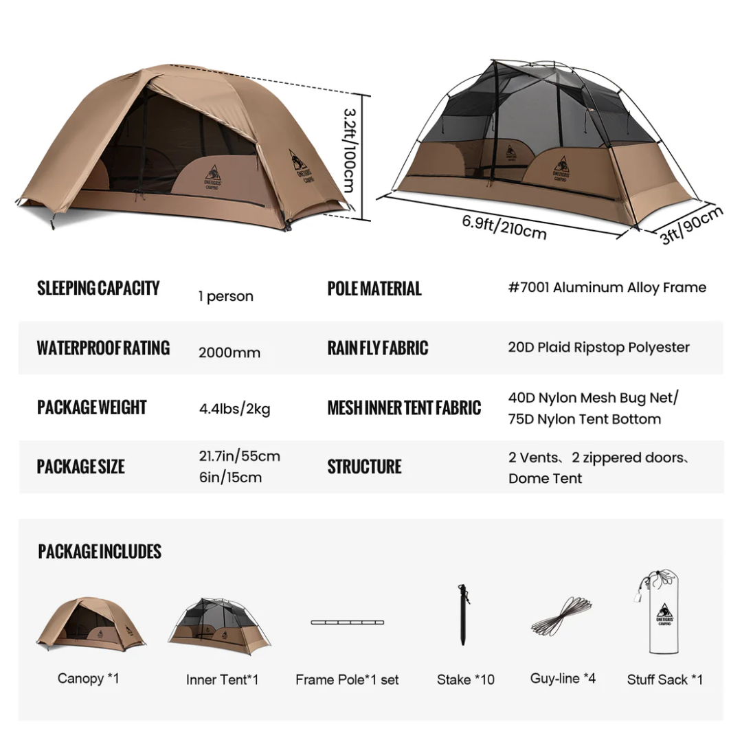 OneTigris Cosmitto Backpacking Tent (Single) - Coyote Brown