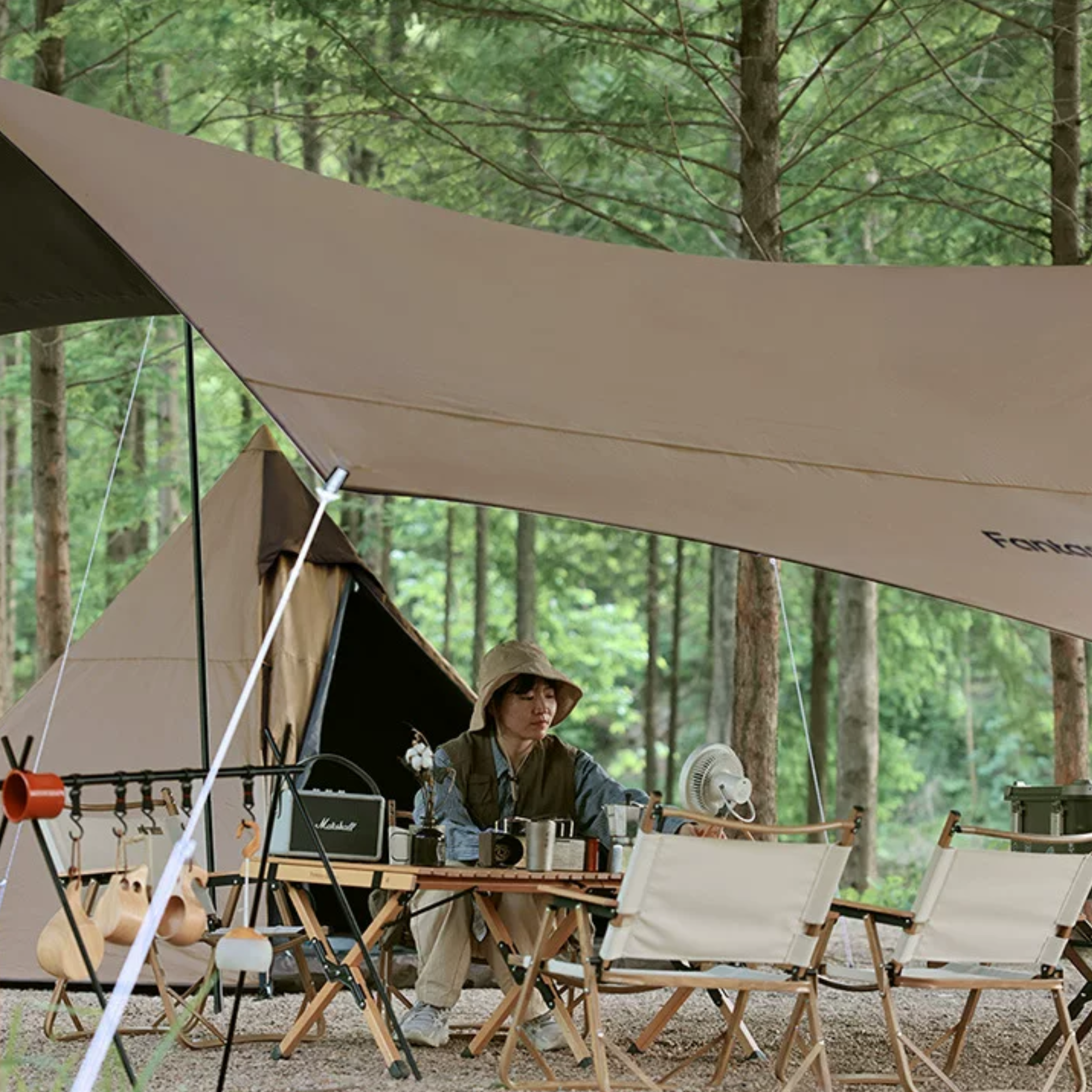 Hexagon Black PU Coated Oxford Tarp - Khaki