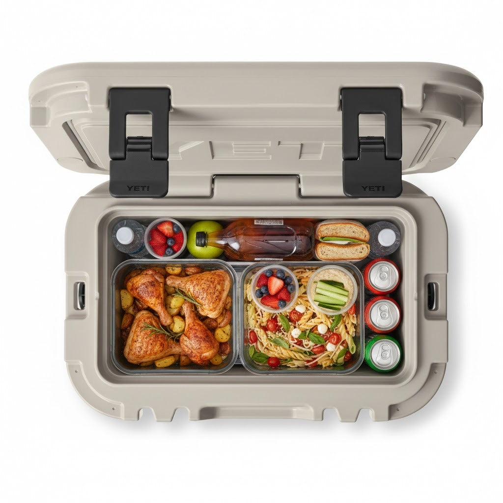 Fully packed 15L small hard cooler showing how to organize a day's worth of healthy meals, snacks, and beverages for outdoor trips without losing space.