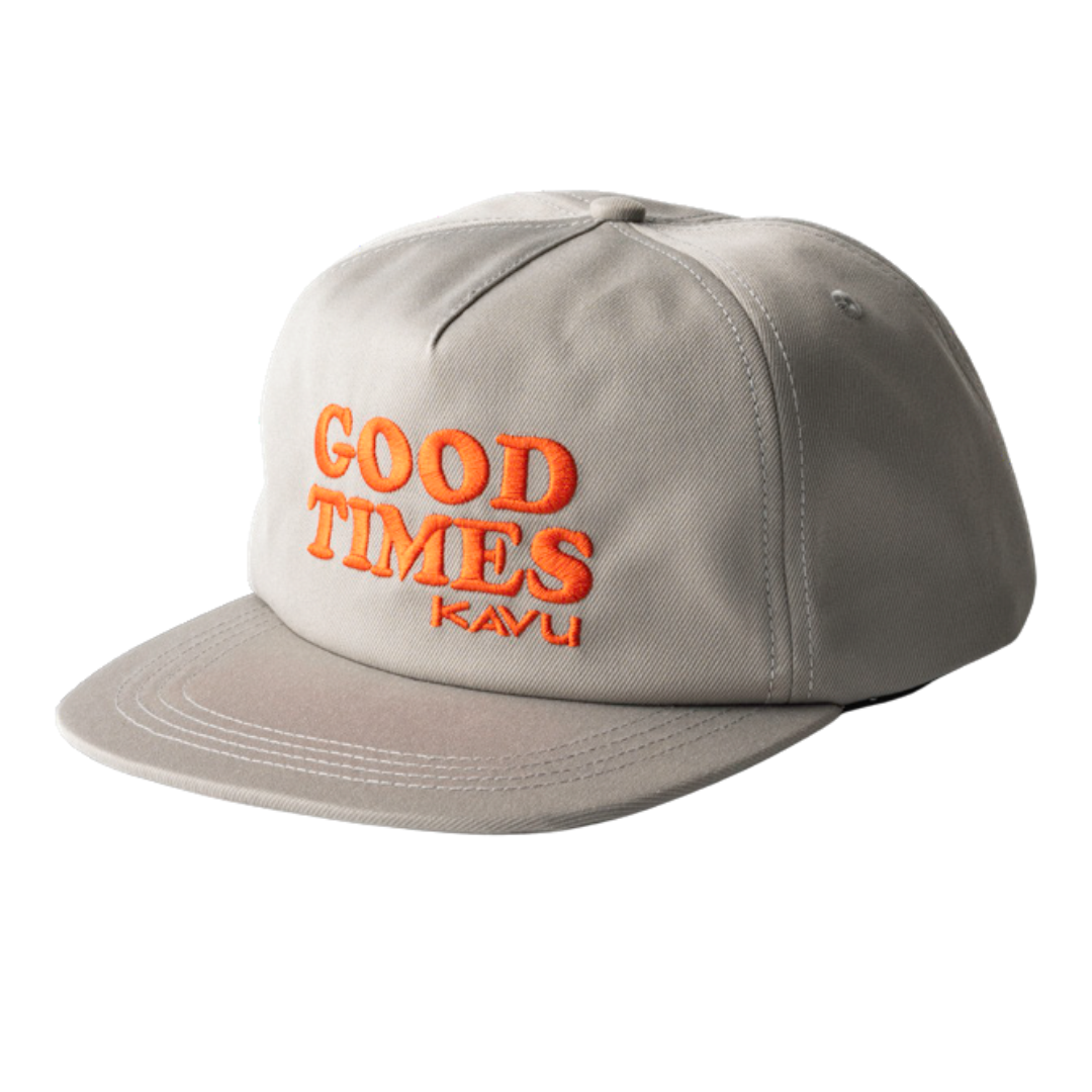 A gray Kavu Ridgemont cap with orange embroidery on the front, featuring a structured design.