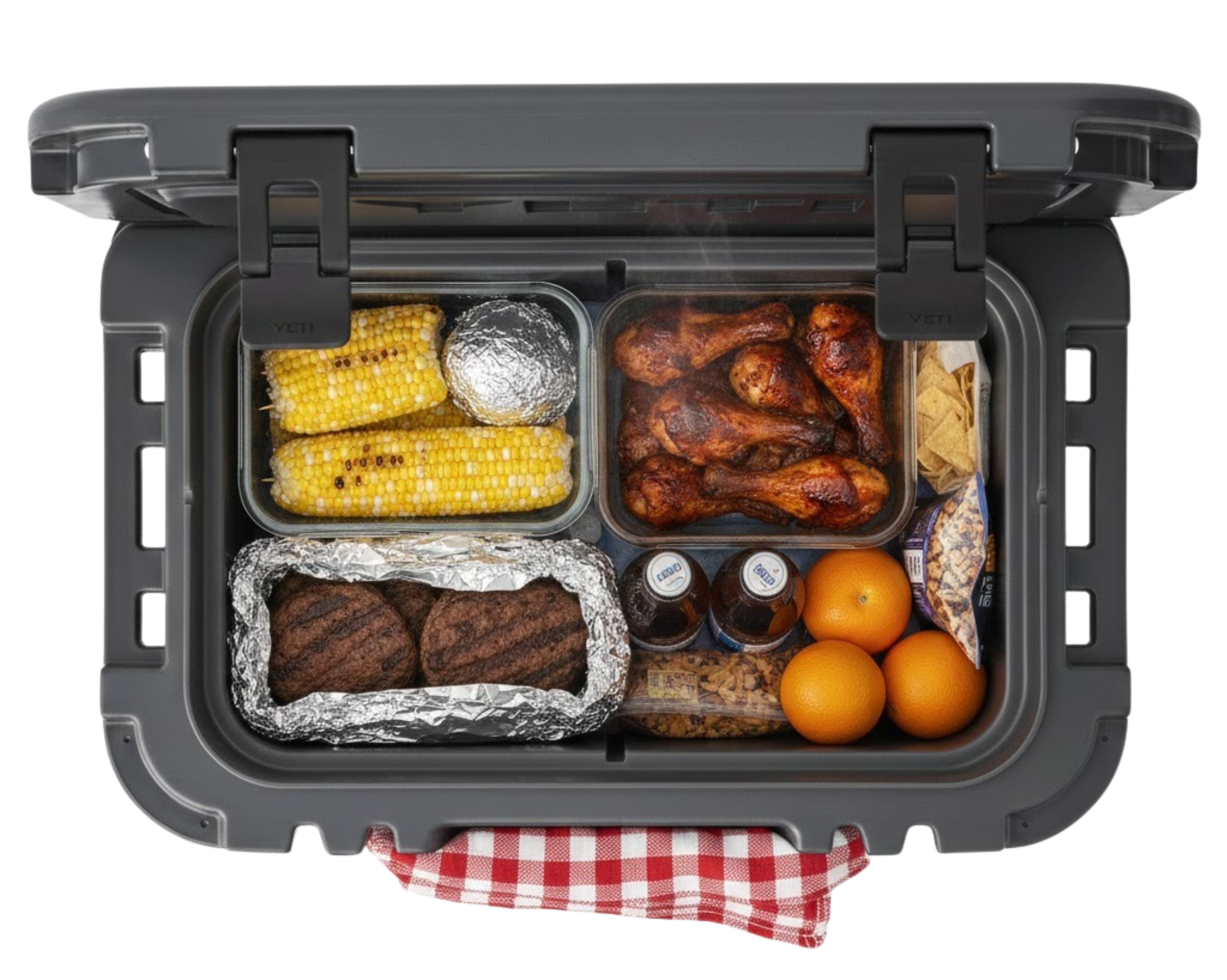 Fully packed 15L small hard cooler showing how to organize a day's worth of healthy meals, snacks, and beverages for outdoor trips without losing space.