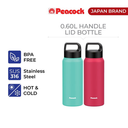 Peacock 0.60L Handle Lid Bottle - Green