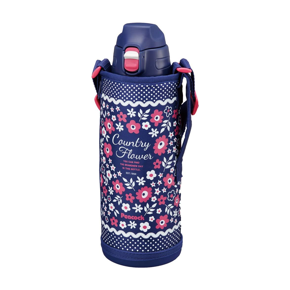 Peacock 1.0L Sport Bottle With Pouch - Navy Flower