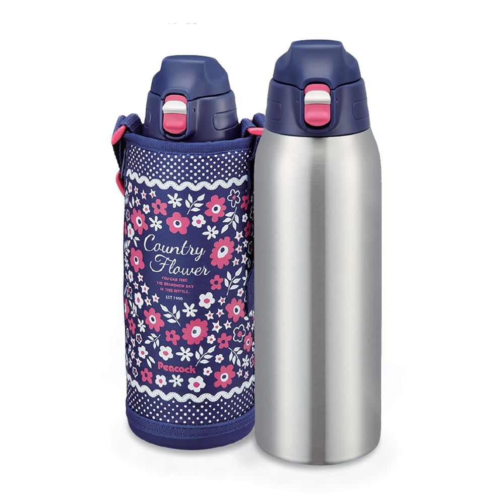 Peacock 1.0L Sport Bottle With Pouch - Navy Flower