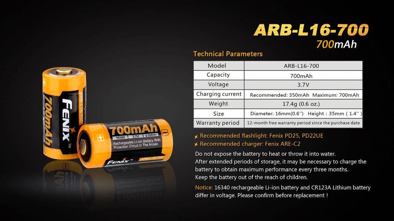 Fenix ARB-L16-700 16340 Battery