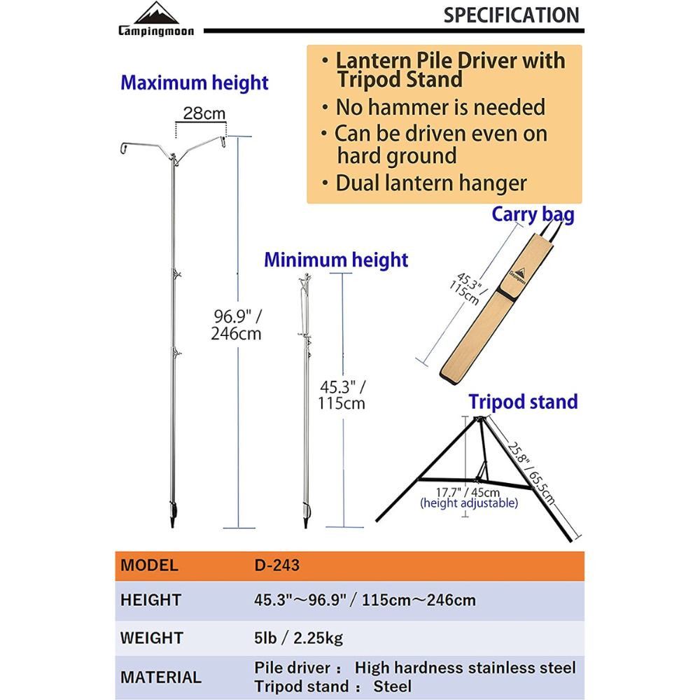 Campingmoon Lantern Pile Driver with Tripod Stand and Storage Bag