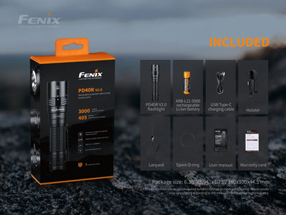 Fenix PD40R V2.0 Tactical Flashlight - 3000 Lumens Rechargeable Tactical Flashlight