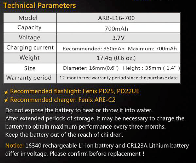 Fenix ARB-L16-700 16340 Battery